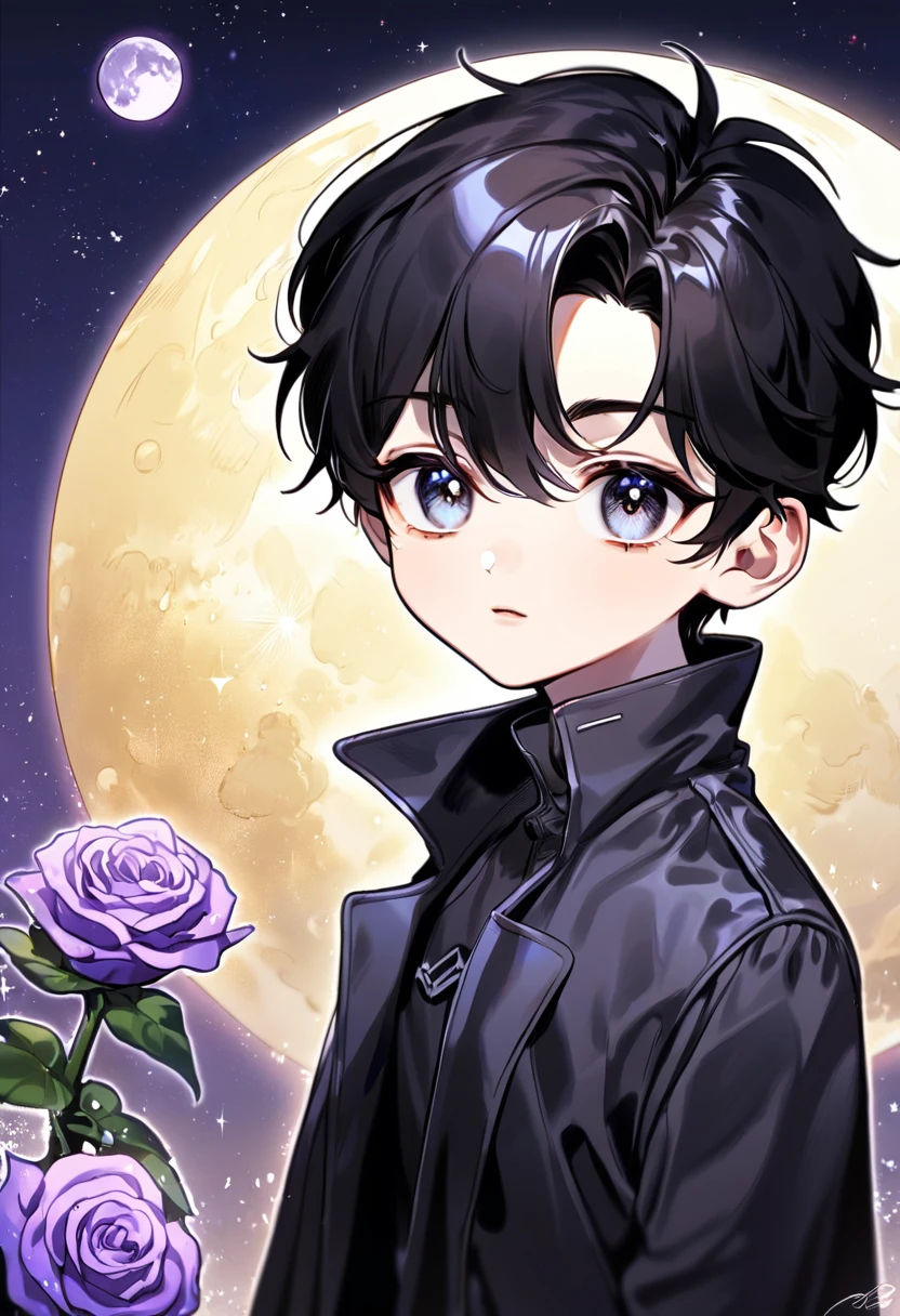 (absurdres, highres, ultra detailed, HDR) master piece, best quality, perfect face, delicate features, Yoo Joonghyuk as a little kid, black hair, expressive gray eyes, Omniscient reader's viewpoint, solo, cute, black coat, black shirt, moon, purple flames, purple butterflies, purple roses, starry sky