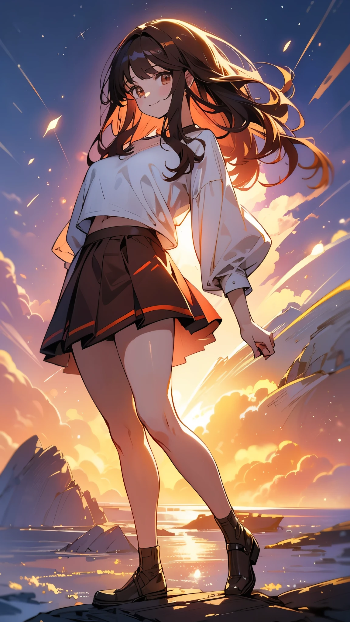(highest quality, 4k, High resolution, masterpiece:1.2), Super detailed, (anime style, photorealistic:1.37), cinematic light, Bright colors and mesmerizing effects, Soft and delicate lighting, gentle shine, Beautiful and gentle atmosphere throughout the scene, (1girl:1.5), joven, (Cara finamente detallada:1.4, Ropa detallada), (Detallado:1.4) named (Eimi Fukada:1.1) BREAK Cara hermosa, Profundidad de campo, Agregar capa, 27 years old, Modelo de cuerpo perfecto, senos perfectos, 175cm de altura, pose sexy, full body, cuerpo completo, Tipo de cuerpo del modelo, BREAK (oversized jumper:1.3), (mini skirt:1.3), (Cabello largo:1.2), (brunette:1.1), dark brown hair, doble parpado, (reddish brown eyes:1.5) BREAK standing, smile, blush