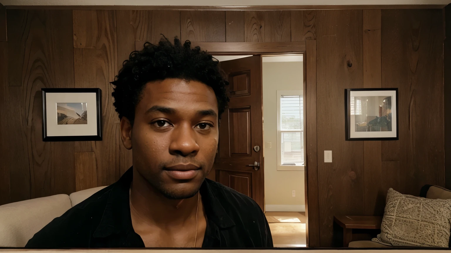 A black man in the center of the image that appears to be in his mid-40s plus. He has dark black curly hair slightly woolly in texture. His eyes are staring off to the left towards the light brown couch & two picture frames to the left on the wall behind him. Ambient light from a monitor shines on the center face and body at the shoulders. There is a door behind him with a wood grain texture with no paint. Also, the frame of the door is the same way. Wood grain molding on the left and right side of the door, leading up to the arm of a couch that is not fully in view. Along with two picture frames on the wall just behind his head on the wall.