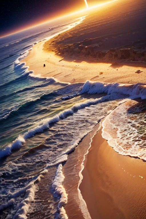 Hyper realistic 8k, ultra detailed, (Best Quality digital illustration Masterpiece of planet Earth in outer space), ((No Man)) (Beautiful planet Earth Illustration), (Beautiful Beach Shore), (Golden Sand), ((Waves in the distance)), (Bright Sun), (Hyperdetail, Dynamic Camera), (Wide Angle), (Celestial Lighting), (Vivid Colors and Saturation), (trending on artstation,