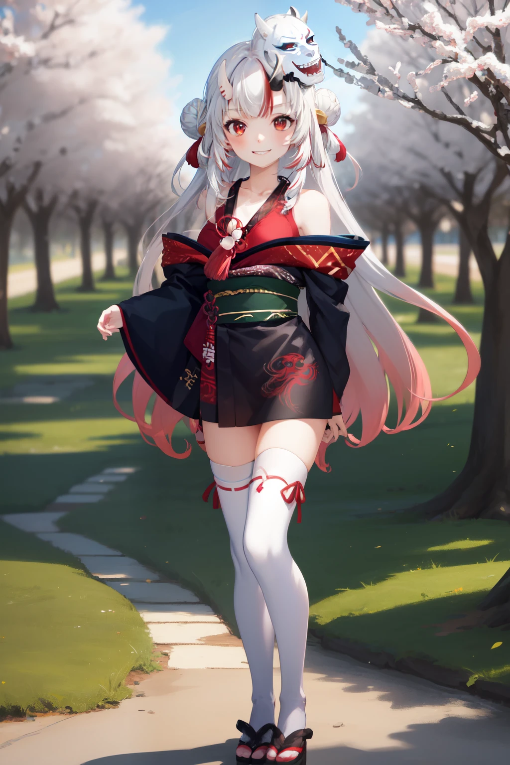 masterpiece, best quality, absurdres, perfect anatomy, 1girl, solo, Nakiri Ayame, long hair, double bun, AyameBase, black kimono, hair bell, obi, white thighhighs, bare shoulders, long sleeves, oni mask, mask on head, outdoors, standing, sakura tree, arms behind back, smile