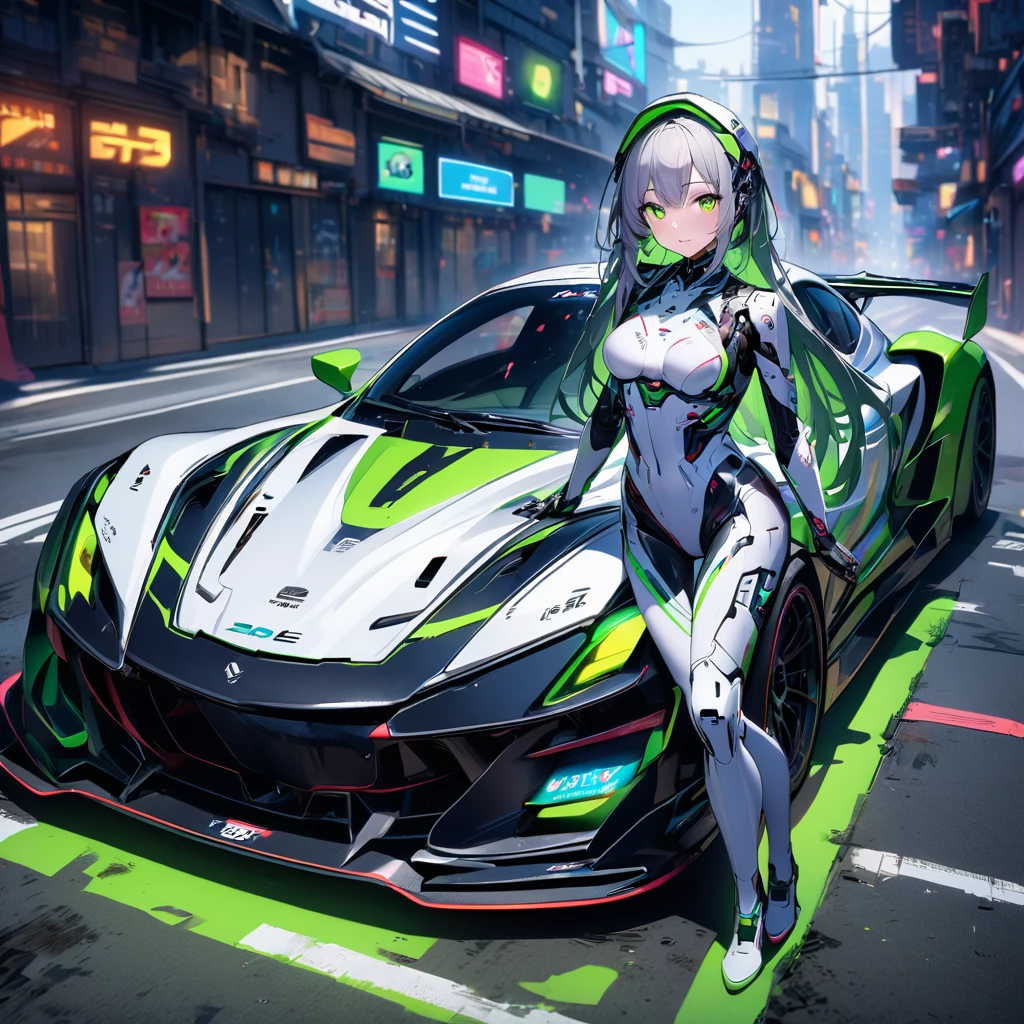 High quality, high definition images, full HD、
8k.(1 white long hair ai cyborg girl )、(black on white cyborg body) , many mechanisms are visible,Many green lights on the exterior、(White and black futuristic racing car), green neon lights on the exterior,Leaning on the hood of a perfect identical race car Pause
