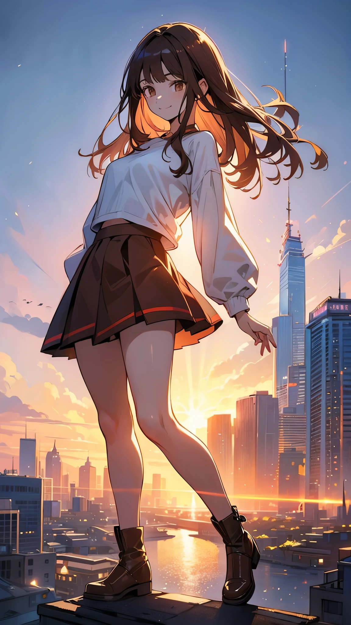 (highest quality, 4k, High resolution, masterpiece:1.2), Super detailed, (anime style, photorealistic:1.37), cinematic light, Bright colors and mesmerizing effects, Soft and delicate lighting, gentle shine, Beautiful and gentle atmosphere throughout the scene, (1girl:1.5), joven, (Cara finamente detallada:1.4, Ropa detallada), (Detallado:1.4) named (Eimi Fukada:1.1) BREAK Cara hermosa, Profundidad de campo, Agregar capa, 27 years old, Modelo de cuerpo perfecto, senos perfectos, 175cm de altura, pose sexy, full body, cuerpo completo, Tipo de cuerpo del modelo, BREAK (oversized jumper:1.3), (mini skirt:1.3), (Cabello largo:1.2), (brunette:1.1), dark brown hair, doble parpado, (reddish brown eyes:1.5) BREAK standing, city, rooftop, smile, blush
