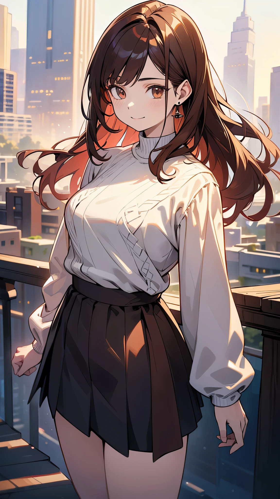 (highest quality, 4k, High resolution, masterpiece:1.2), Super detailed, (anime style, photorealistic:1.37), cinematic light, Bright colors and mesmerizing effects, Soft and delicate lighting, gentle shine, Beautiful and gentle atmosphere throughout the scene, (1girl:1.5), joven, (Cara finamente detallada:1.4, Ropa detallada), (Detallado:1.4) named (Eimi Fukada:1.1) BREAK Cara hermosa, Profundidad de campo, Agregar capa, 27 years old, Modelo de cuerpo perfecto, senos perfectos, 175cm de altura, pose sexy, full body, cuerpo completo, Tipo de cuerpo del modelo, BREAK (oversized jumper:1.3), (mini skirt:1.3), (Cabello largo:1.2), (brunette:1.1), dark brown hair, doble parpado, (reddish brown eyes:1.5) BREAK standing, city, rooftop, smile, blush, (cowboy shoot:1.3), (eye level camera)
