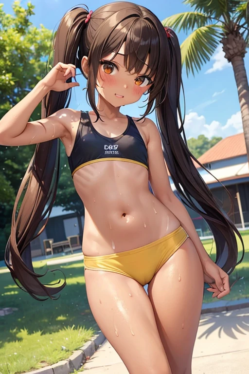 2D，highest quality，(masterpiece)，(whole body)，semi-long，Twin tails，Brown Hair，1 girl，young，((Healthy brown skin))，((Sunburn))，Sunburnあと, Skin glowing with oil，(Thin thighs)，Slim figure, skinny, Navel, summer，outside，(get drunk)，Sweat，Primary school students，Cute with bruises，Girl&#39;s Mischief, , Little brat, Support pants, Beach, Cheeky brat
