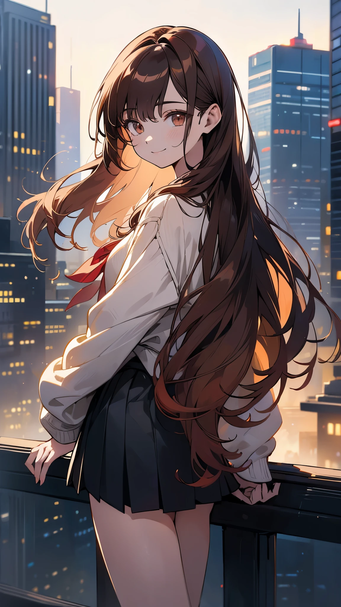 (highest quality, 4k, High resolution, masterpiece:1.2), Super detailed, (anime style, photorealistic:1.37), cinematic light, Bright colors and mesmerizing effects, Soft and delicate lighting, gentle shine, Beautiful and gentle atmosphere throughout the scene, (1girl:1.5), joven, (Cara finamente detallada:1.4, Ropa detallada), (Detallado:1.4) named (Eimi Fukada:1.1) BREAK Cara hermosa, Profundidad de campo, Agregar capa, 27 years old, Modelo de cuerpo perfecto, senos perfectos, 175cm de altura, pose sexy, full body, cuerpo completo, Tipo de cuerpo del modelo, BREAK (oversized jumper:1.3), (mini skirt:1.3), (Cabello largo:1.2), (brunette:1.1), dark brown hair, doble parpado, (reddish brown eyes:1.5) BREAK standing, city, rooftop, smile, blush, (cowboy shoot:1.3), (eye level camera)