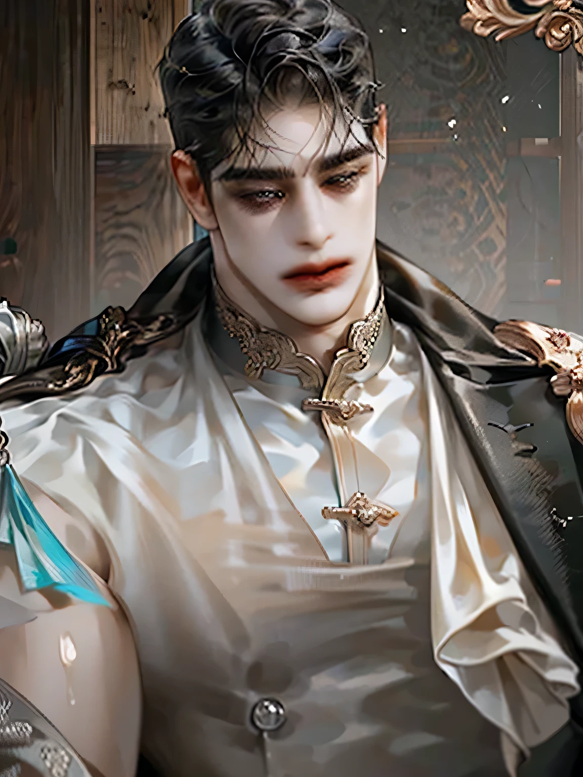 young man, ((short black hair)),(((conjunctivitis))), A cold face, ((perfect eyes)), ((equal eyes)), very detailed, portrait of, (((1 man))), (((Detailed eyes))), (single), (((healthy body)))((European knight black suit)),((handsome face)),((muscle)),((tan-skin))