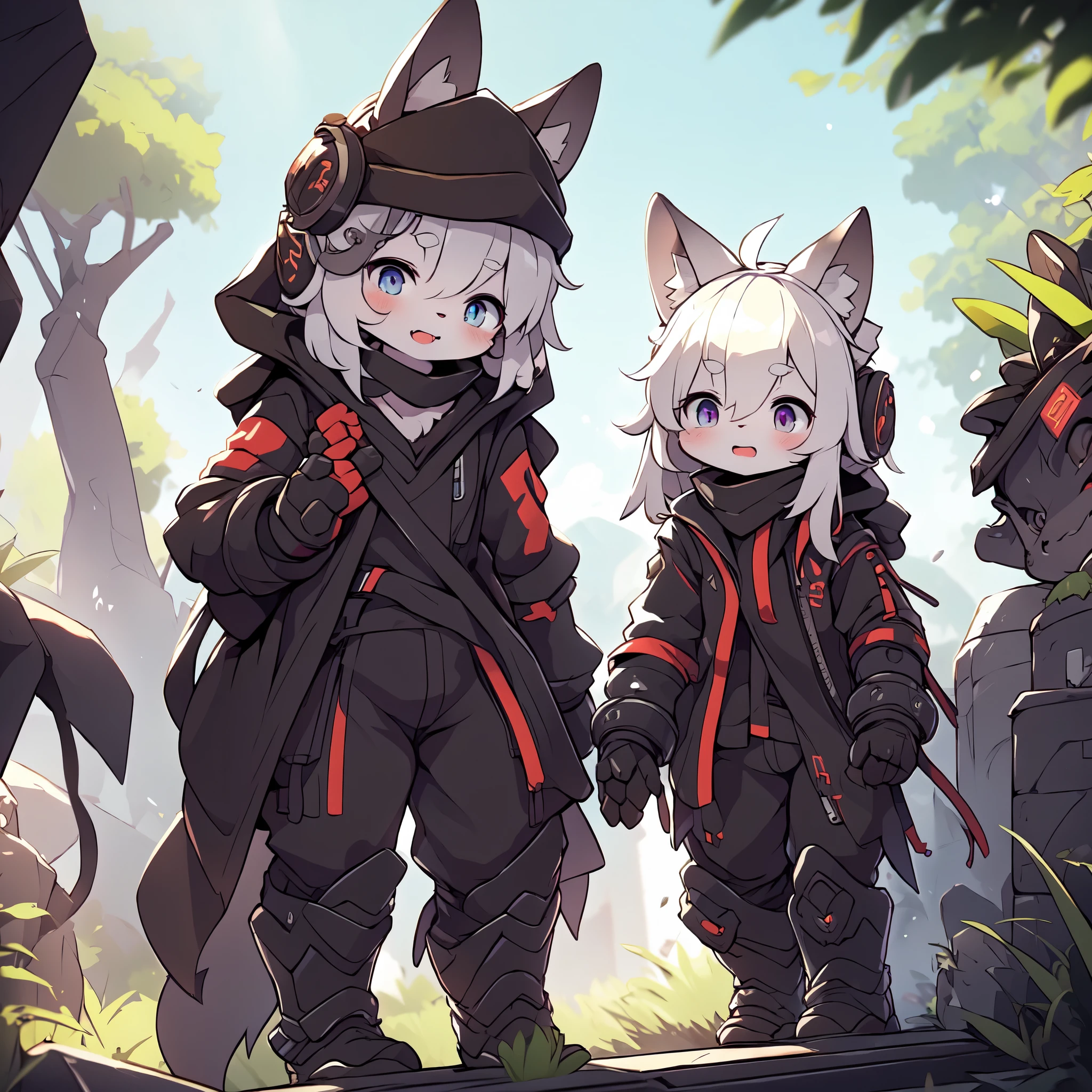 Kawaii, Striped Fluffy Fox, emaciated, long hair, 3girls, artificial synthetic skin, life support prosthetics, digital headphones, black tight latex bodysuit, white long dress, thigh-high-socks, shorts, loose off-the-shoulder hood open jacket, holsters in thigh, Mechanical boots, tactical knee pads, tactical belted loose Arm Sleeves, cybernetic Display gloves, chest rigs, tactical belts, blue archive halo, bulletproof goggles on forehead, from Ark nights, ray tracing, depth of field, bloom, masterpiece, ccurate, high details, highres