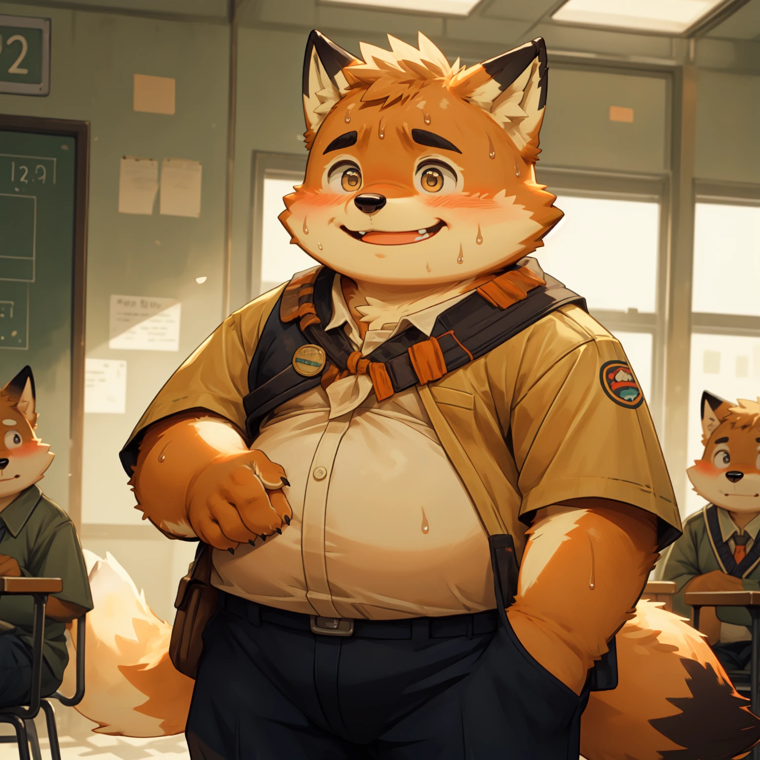 New Jersey 5 Furry,fox,portrait,(Solitary),child,Beautifully,Chubby,Orange plush fur,Cute face,Black eyebrows,Scout costumes,Pants,Child,In school classrooms,Play,Smile,blush,Sweating