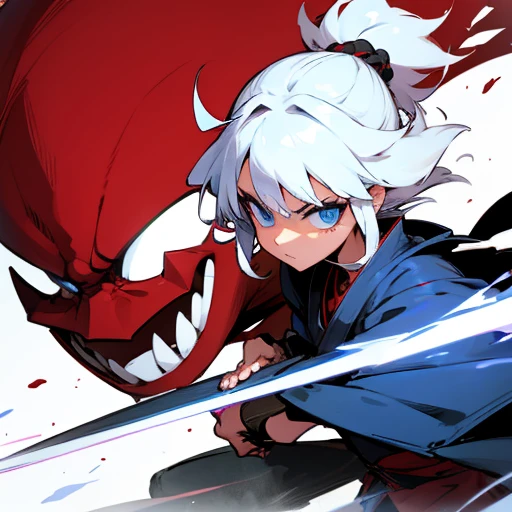 Solo, a charming banshee, back, flowing white hair, blood-red cherry blossoms falling, holding a blood-stained blade, 8k, cinematic lighting, fierce eyes, anger, night, black background