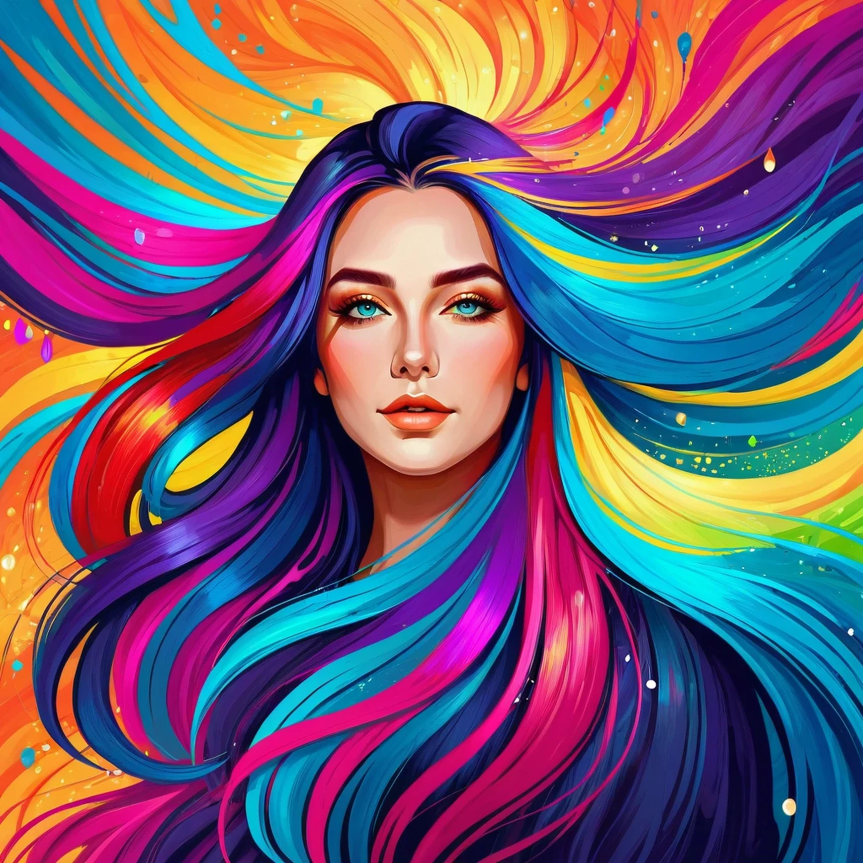 a painting of a woman with long hair and colorful hair, beautiful digital illustration, stunning digital illustration, gorgeous digital art, a beautiful artwork illustration, beautiful digital artwork, beautiful digital art, exquisite digital illustration, intricate digital painting, very beautiful digital art, vibrant digital painting, beautiful gorgeous digital art, psychedelic flowing hair, colorful digital painting, inspiring digital art, stylized digital art