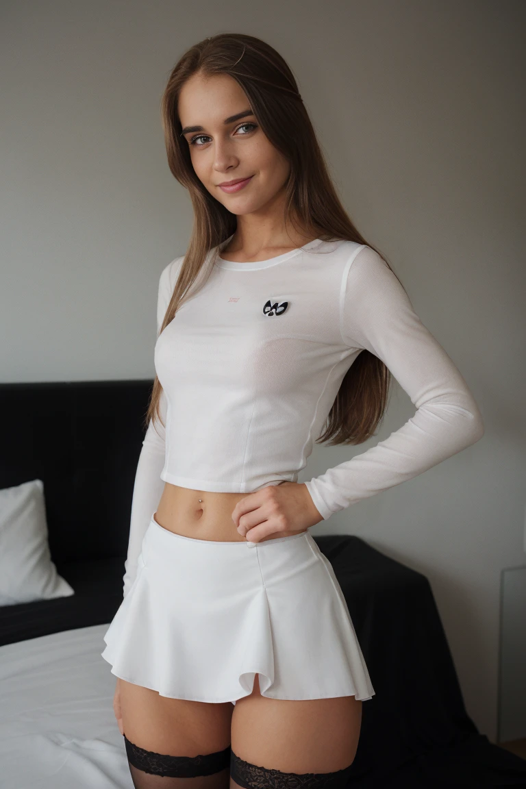 Photo of a beautiful girl, the Team Rocket carries, Team-Raketenuniform,white skirt, roter Buchstabe M ,bauchfreies Top ,black stockings, schwarze Ellbogenhandschuhe, Halsband, Schlafzimmer, unordentliches mittleres Haar, Slim body, Ansicht von hinten, Shot of the upper body, schaut in die Kamera, sweet smile, shallow depth of field