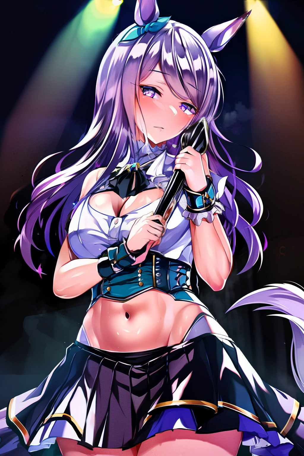 (masterpiece, best quality:1.2), 1girl, solo, Mejiro McQueen, Mejiro McQueen\(umamusume\), silver hair, long hair, horse ears, horse girl, long hair, glowing eyes, layered skirt, (dark magical girl), corruption, combatant, pelvic curtain, looking at viewer, shiny glossy skin, on stage, concert, spotlight