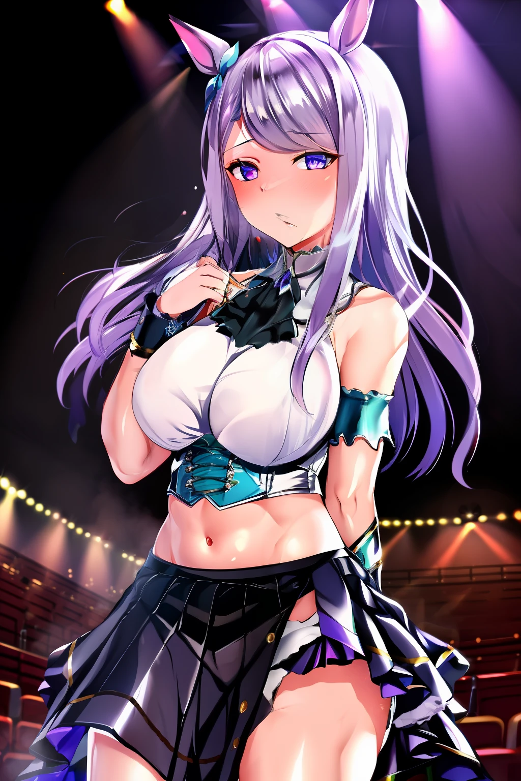 (masterpiece, best quality:1.2), 1girl, solo, Mejiro McQueen, Mejiro McQueen\(umamusume\), silver hair, long hair, horse ears, horse girl, long hair, glowing eyes, layered skirt, (dark magical girl), corruption, combatant, pelvic curtain, looking at viewer, shiny glossy skin, on stage, concert, spotlight