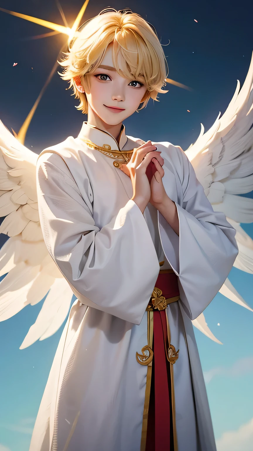 A boy angel who serves the Sun Goddess。 Make a big heart with your hands、He puts his face in it and smiles.。A pose that makes you feel like the king of love。Blonde。Wearing clothes that don&#39;t reveal any skin。The location is a sanctuary bathed in sunlight.。A sacred place bathed in soft, bright light