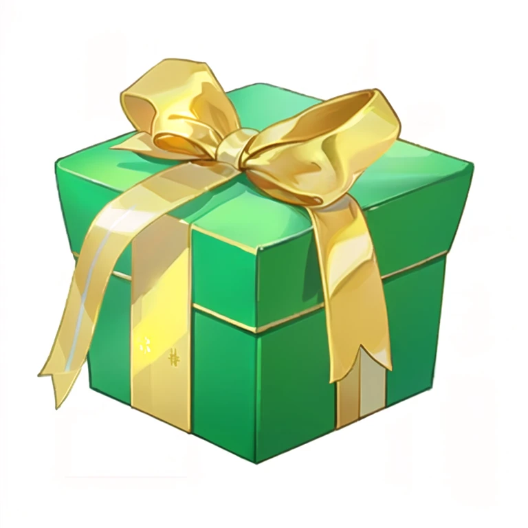 Close up of a green gift box with a golden bow, Gift, Gift, giving Gift to people, Gold and green, made in illustrator, Green and Gold, 拿着Gift, Drawn image, birthday wrapped Gift, ribbon, 8k!!, fan box, Light green, 16k 3d, elegant green, author：Matsumoto Daiyo