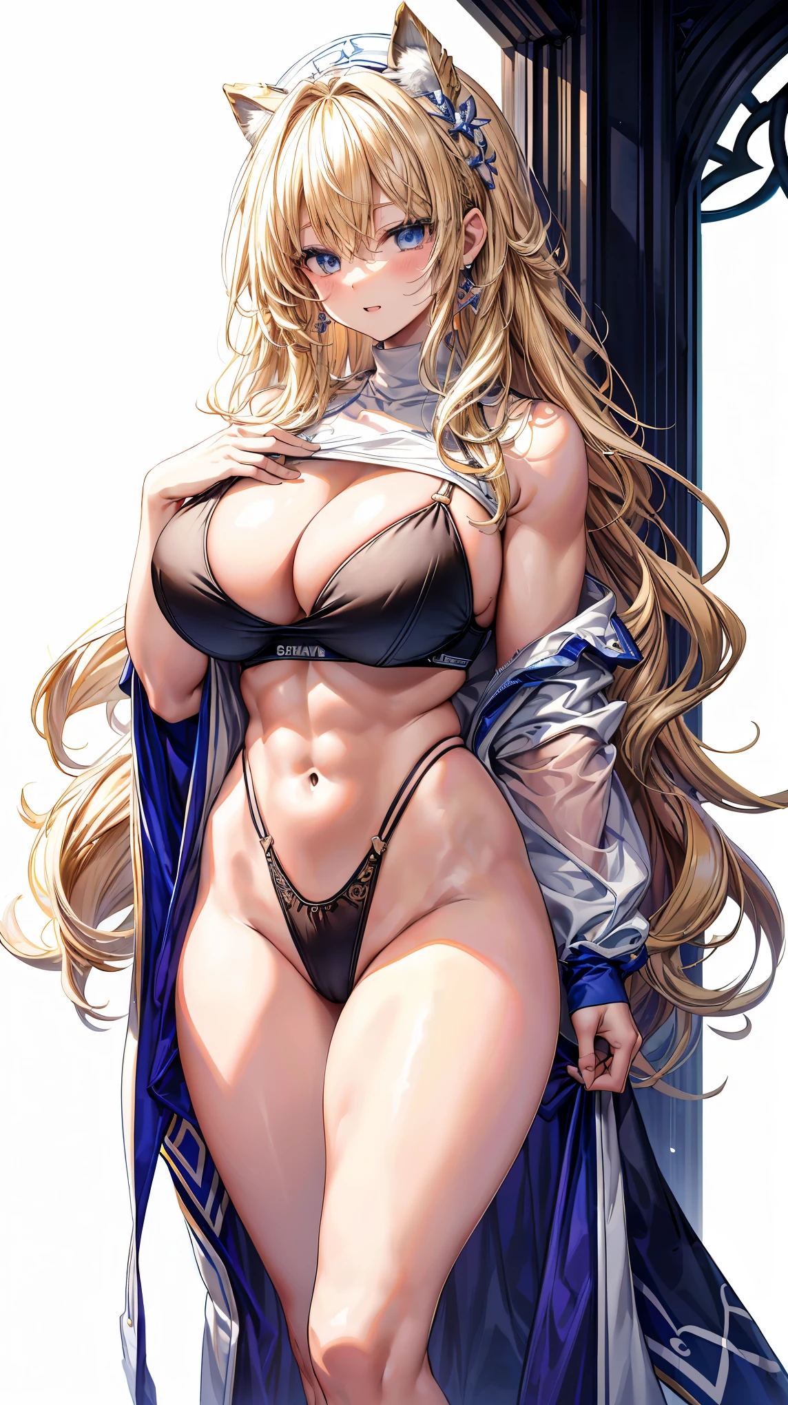 Very detailed、highest quality、Best image quality、masterpiece、8k、Anime Face、A kind smile、(Open your mouth:1.3)、Sparkling blue eyes、(Blonde Wavy Hair:1.5)、(Muscles of the whole body:1.3)、(highleg:2.0)、(Wearing a thong:1.5)、Thigh belt、(Cowboy Shot:1.5)、(SFW Giant)、(Thick body:1.2)、(bra:1.5)、(sxspnts)、(White background:1.5)