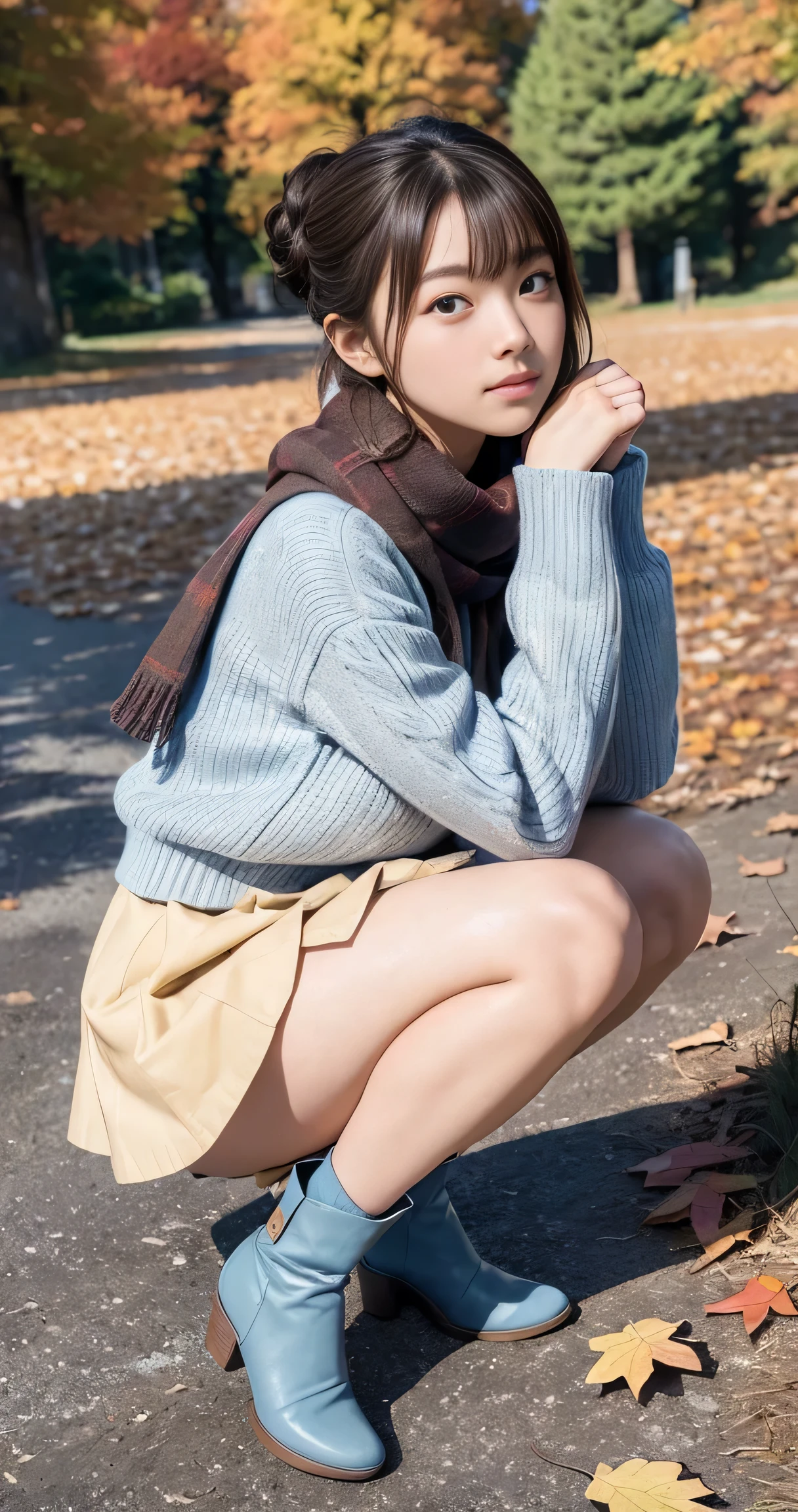 (masterpiece:1.3), (8k, Photorealistic, RAW Photos, The subject is a little far away、Best image quality: 1.4), 18-year-old female、((Full body shot down to the toes))、Healthy slim figure、A small, round face and a cute smile、Super detailed face、Fine and moist eyes、Natural Makeup、((Bangled updo hair))、(Beautiful woman:1.4)、Light brown hair、Natural color lip、highest quality、masterpiece、Ultra-high resolution、(Photorealistic:1.4)、scarf、Down jacket、Tight sweater、Checkered pleated mini skirt、Round and big breasts、Beautiful bare legs、ankle mini boots、Cute expression、Clear Skin、Pose to stare at the viewer、Shiny Hair、Full body Esbian shot、Look forward、Full body proportions、(blue sky:1.5)、(Autumn park scenery:1.5)、(Random Pause)