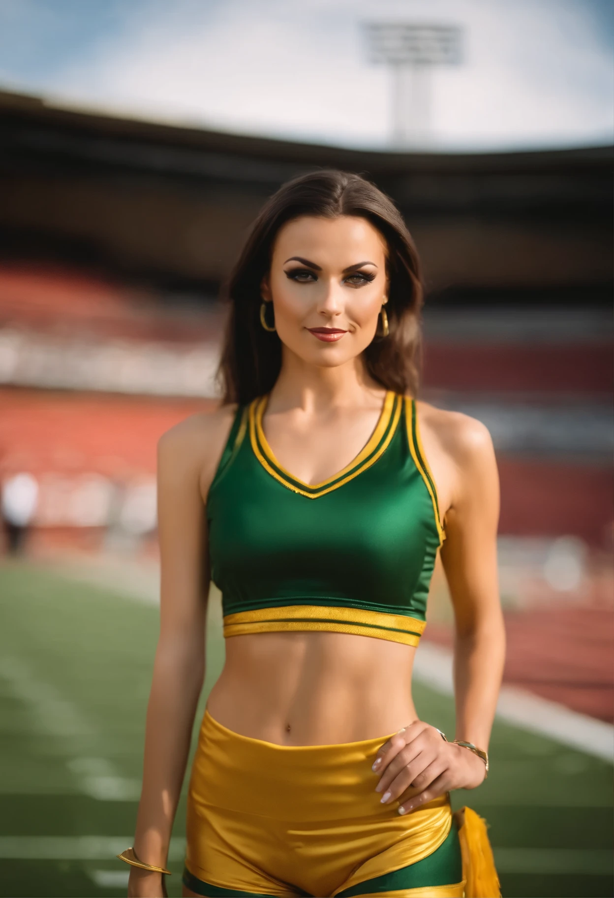 smoking hot thin 5'7" brunette cheerleader wearing green and gold outfit, no disfigured no mutation, very realistic photo, shot with 35mm film, natural lighting, outdoors at football stadium