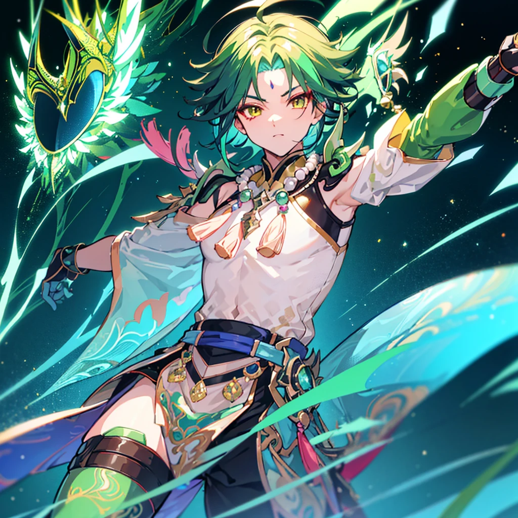 an anime boy, warrior, seeking attention with vivid, eye-catching attire, clad in a vibrant green outfit, standing amidst a blurry, dull background, his presence understated but his determination radiating, a unique, intricate design adorned on his helmet, highlights catching the light, a masterpiece of pixel art, top quality, exhibiting sharp details and expressive features.