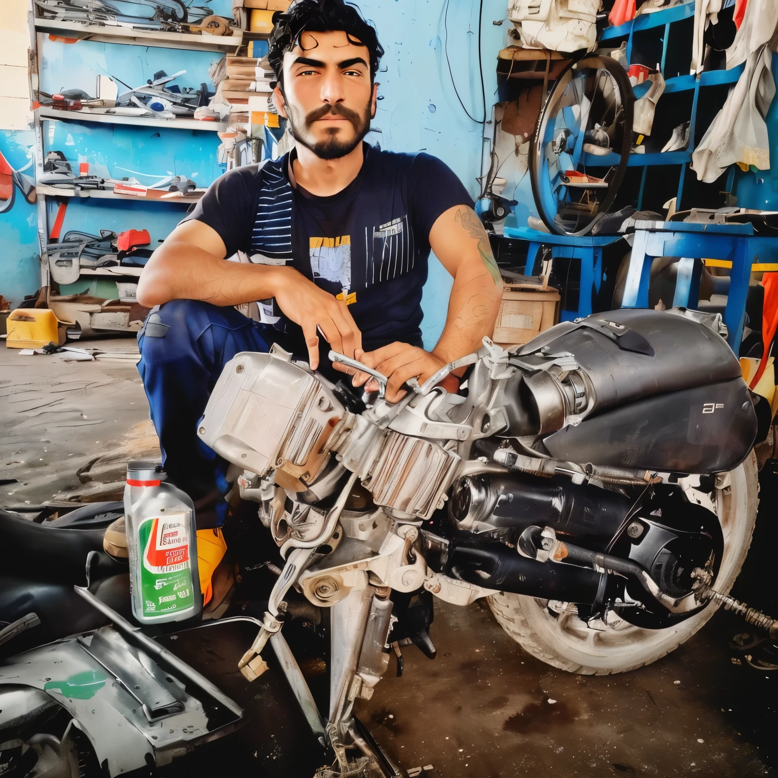 arafed man sitting on a motorcycle in a garage with a motorbike, mechanic, old charismatic mechanic, mechanised, made from mechanical parts, in a workshop, unreal engin, very consistent, by Samuel Scott, edited, by Robert Weaver, 1614572159, resplendent and proud of bearing, extremely intricate, fully functional