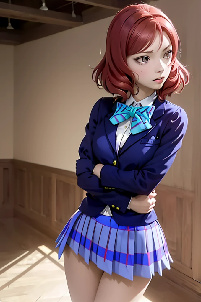(masterpiece, best quality), 1 Girl,    Demaki, Blue Blazer, blue striped bow tie, Long sleeve, Plaid Mini Skirt, Blue Mini Skirt