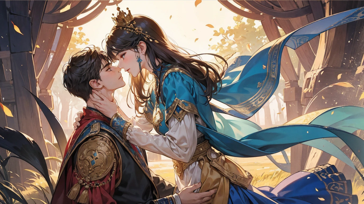 An intimate encounter between a man and a woman unfolds in a heartwarming and enchanting scene.。The stage is、The steppes of medieval Central Asia。The banks of the Ili River sparkling in sunlight。Fantastic and majestic continental scenery。Ethnic、Creates a romantic atmosphere。 They stand facing each other,。their heights are different from each other。 emphasizes their unique physical characteristics。 That man is his height,Has dark hair that frames his striking face。The man is the crown prince of the Turku nomadic empire in the steppes.。The man was wearing an ultramarine costume.、It is decorated with intricate golden embroidery.。Women are ordinary people of the Taklamakan Desert oasis, wearing Uighur national dress.。The woman is delicate and .。Her flowing, light-colored hair shows off her radiant beauty.。Their lips meet in a passionate kiss。 their pure love、Emphasis is placed on transcending class and culture.。 This magical moment captures the essence of their love。Evokes a sense of sweetness and seduction。symbolism、Impressionism、romantic、Persian miniature、The Romance of the Silk Road、Reminiscent of the style of Alma Tadema and Gustave Moreau、delicate、beautiful、It has an exotic, luxurious and profound charm.。digital art。