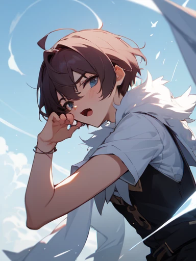 (absurdres), (perfect anatomy), (ingenious angle), (variations of poses),like a dream, beautiful composition, RAW photo, extremely delicate and beautiful, aesthetic,1 people, alone, boy, grumpy, open mouth, fang, look at viewer, , upper body, standing, claw pose, blue sky, warm atmosphere, perfect composition, trending pixiv fanbox, clear eyes, anime hand drawn illustration,