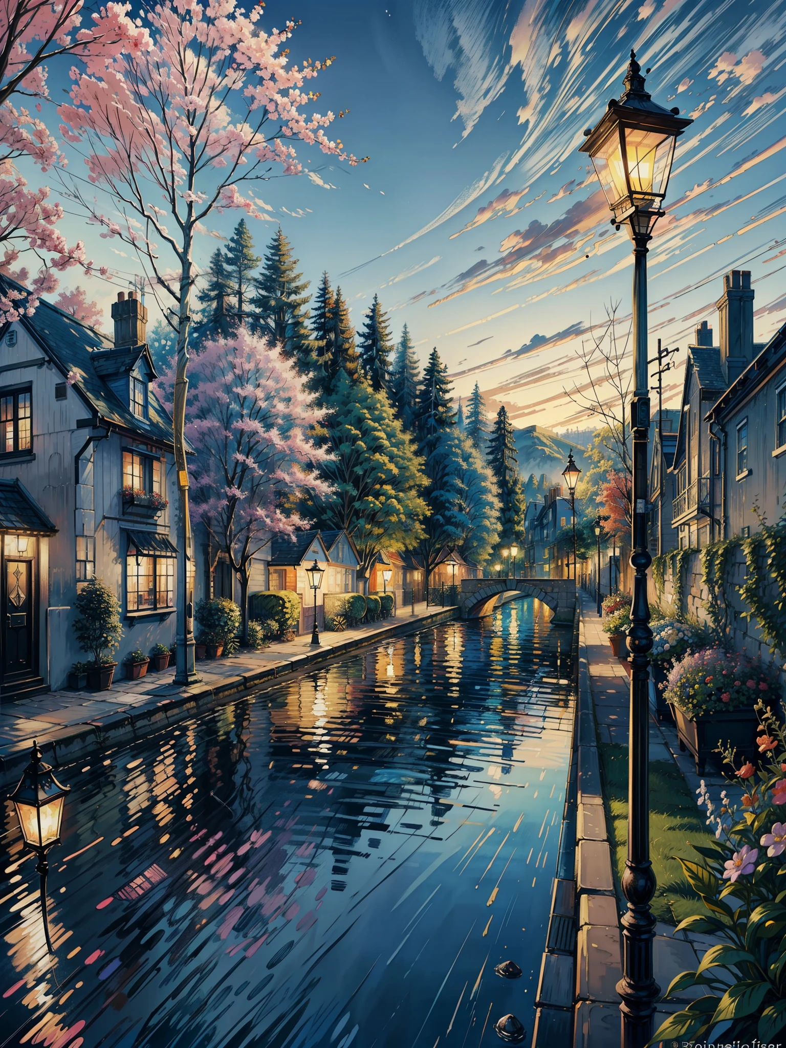 a painting of a street light next to a body of water, by Annabel Kidston, by Louisa Puller, by Sophia Beale, by Alison Debenham, colorful landscape painting, by Frances Jetter, by Joanna Carrington, vivid painting, impressionistic painting, romanticism painting, by Michael Sutfin, romanticism art style, by Nick Fudge