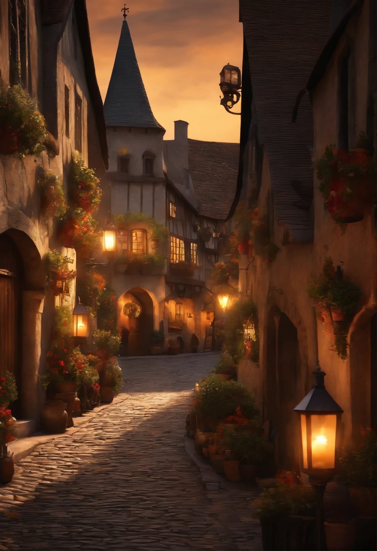 "Perspective of a medieval street with a bustling crowd, Cobblestone Street, A quaint shop, Flickering torches cast atmospheric shadows."