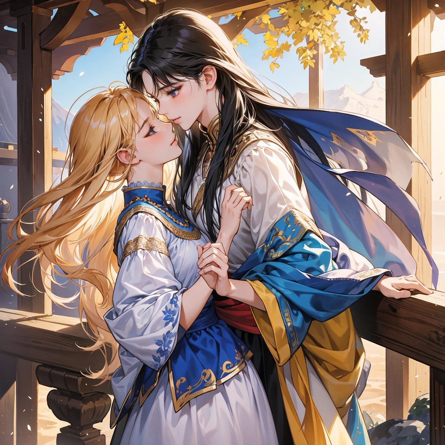 An intimate encounter between a man and a woman unfolds in a heartwarming and enchanting scene.。The stage is、The steppes of medieval Central Asia。The banks of the Ili River sparkling in sunlight。Fantastic and majestic continental scenery。Ethnic、Creates a romantic atmosphere。 They stand facing each other,。their heights are different from each other。 emphasizes their unique physical characteristics。 That man is his height,Has dark hair that frames his striking face。The man is the crown prince of the Turku nomadic empire in the steppes.。The man was wearing an ultramarine costume.、It is decorated with intricate golden embroidery.。Women are ordinary people of the Taklamakan Desert oasis, wearing Uighur national dress.。The woman is delicate and .。Her flowing, light-colored hair shows off her radiant beauty.。Their lips meet in a passionate kiss。 their pure love、Emphasis is placed on transcending class and culture.。 This magical moment captures the essence of their love。Evokes a sense of sweetness and seduction。symbolism、Impressionism、romantic、Persian miniature、The Romance of the Silk Road、Reminiscent of the style of Alma Tadema and Gustave Moreau、delicate、beautiful、It has an exotic, luxurious and profound charm.。digital art。