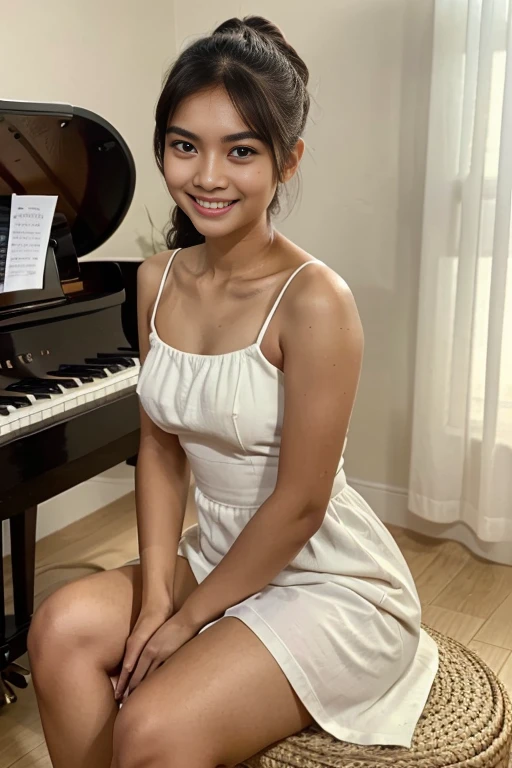 Young sweet beautiful Indonesian girl, 22 years old, slim body, georgeus face, messy hairs pony tailed with a bangs, greek nose, wearing white thin beautiful dress, very realistic, very detail,  sweet cute smiling, sitting cheerful playing a grand  piano to singing alone in empty room, 