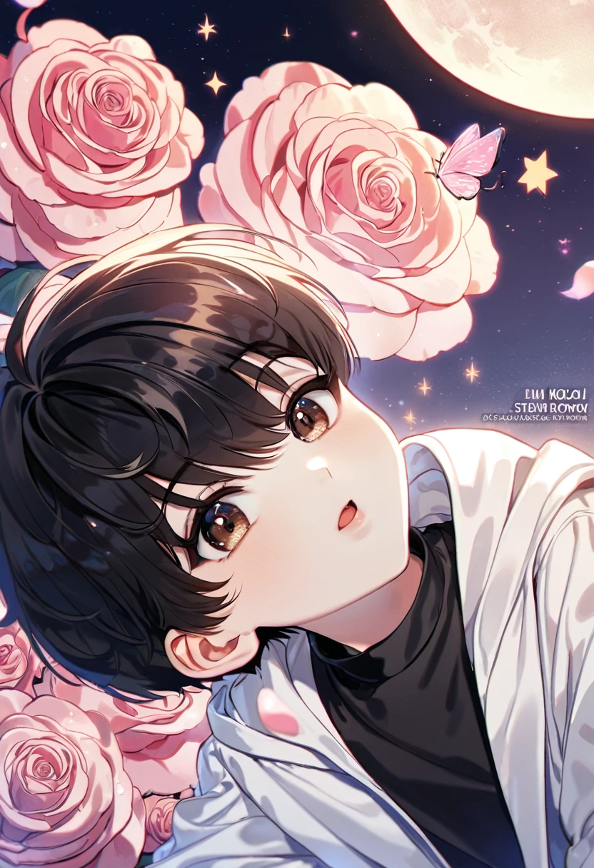 (absurdres, highres, ultra detailed, HDR) master piece, best quality, perfect face, delicate features, Kim Dokja as a little kid, black hair, expressive brown eyes, Omniscient reader's viewpoint, solo, cute, white coat, black shirt, moon, pink butterflies, pink roses, starry sky