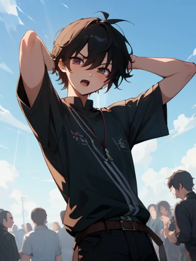 (absurdres), (perfect anatomy), (ingenious angle), (variations of poses),like a dream, beautiful composition, RAW photo, extremely delicate and beautiful, aesthetic,1 people, alone, boy, grumpy, open mouth, fang, look at viewer, 14 years old, upper body, standing, arms behind head, blue sky, warm atmosphere, perfect composition, trending pixiv fanbox, clear eyes, anime hand drawn illustration,