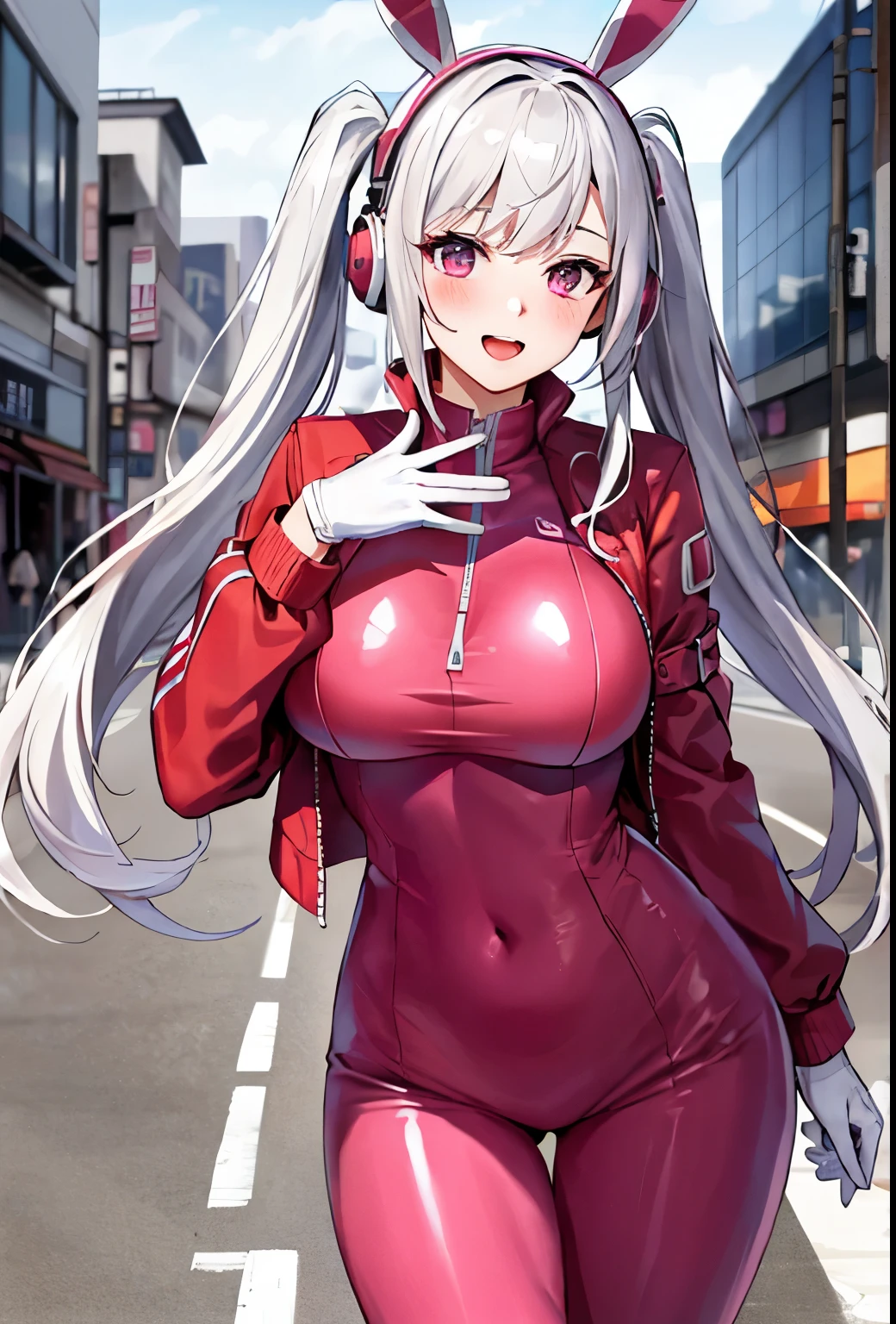 symmetrical,High detail RAW color photo professional close photograph, [:(highly detail face: 1.2):0.1], (PureErosFace_V1:0.6), pore, real human skin, a portrait of an 18yo woman in a street,detailed tokyo street,outdoor,cityscape, huge breasts, show with, animal ear headphones, animal ears, V sign, bangs, blush, bodysuit, breasts, bunny pose, clothes writing, covered navel, cowboy shot, cropped jacket, fake animal ears, gloves, hair intakes, headphones, impossible bodysuit, impossible clothes, jacket, large breasts, latex, latex bodysuit, long hair, long sleeves, looking at viewer, medium breasts, multicolored gloves, open mouth, pink bodysuit, pink eyes, red eyes, red jacket, shiny clothes, shrug \(clothing\), sidelocks, complex background, skin tight, smile, solo, thigh gap, thighs, twintails, very long hair, white gloves, white hair,alice \(nikke\),(masterpiece:1.4),(best quality:1.4),(shiny skin),realistic,
