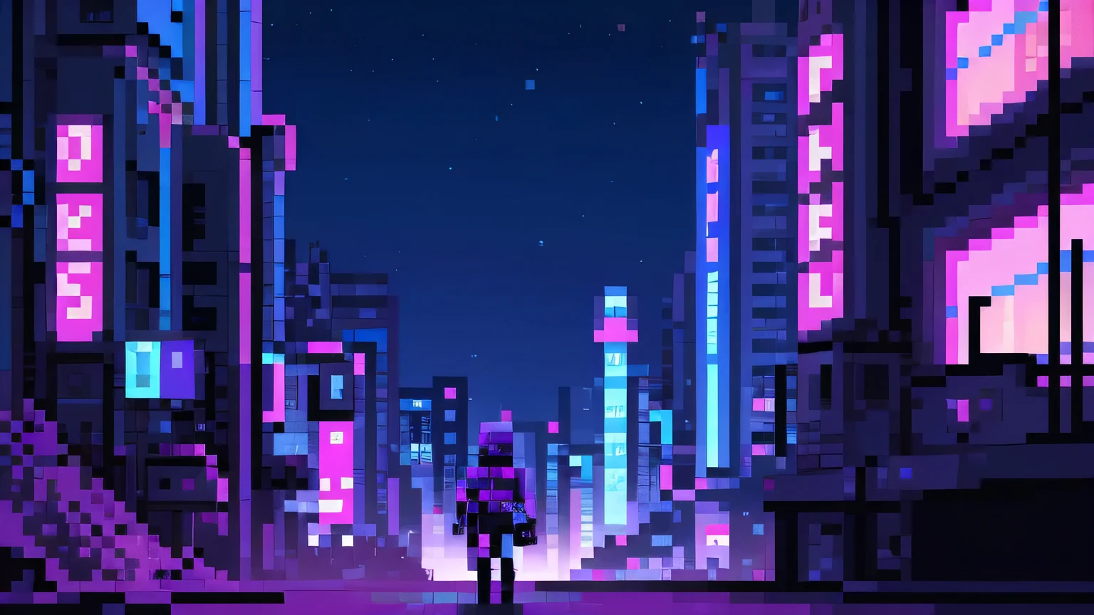 best quality, 8k, highly detailed, ultra-detailed, highly-detailed shading, pixel art style, concept art, by Paul Kelpe, 2d game model, pixel perfect, scifi, futuristic, apocalyptic city, blue, purple, and pink neon lights, human in futuristic armor looking back into a city