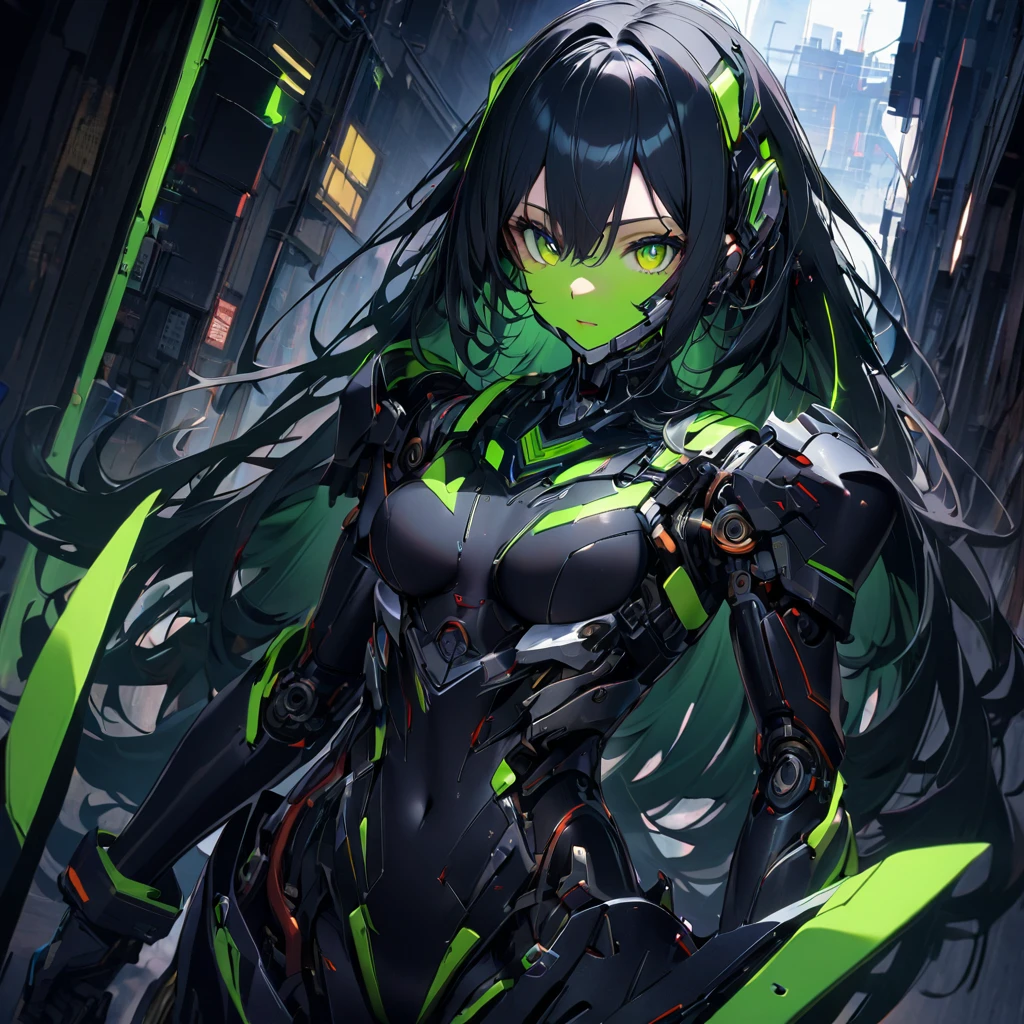 High quality, high definition images, full HD、
8k.(1 white long hair ai cyborg girl )、(black on white cyborg body) , many mechanisms are visible,Many green lights on the exterior、(White and black futuristic racing car), green neon lights on the exterior,open the door 、pose through the door