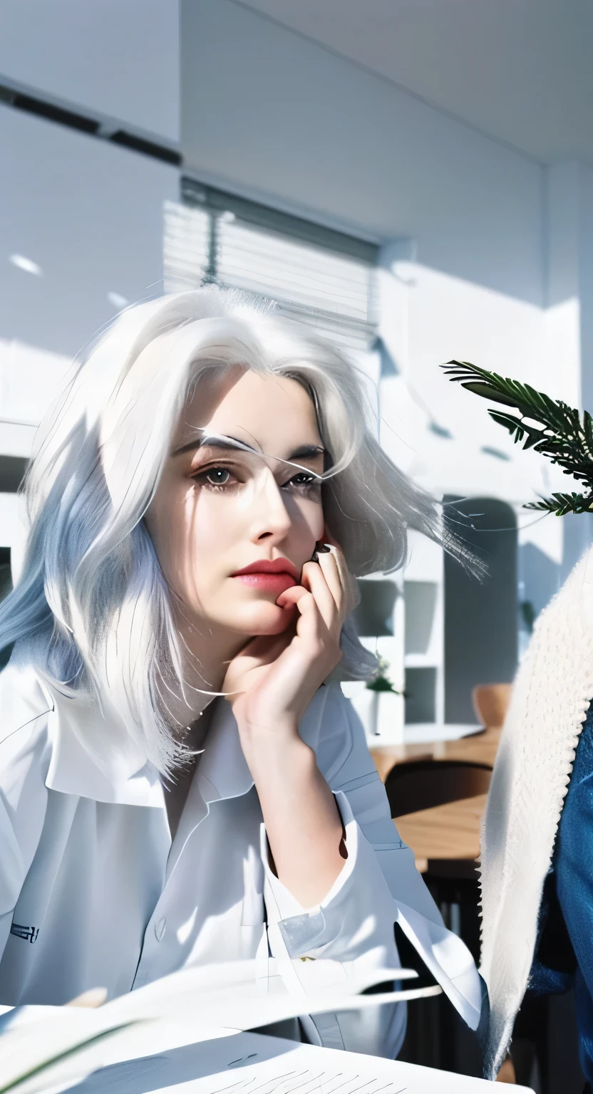 there is a woman sitting at a table with a plant in front of her, white-haired, white haired lady, white haired, white-hair pretty face, white hair color, silver white hair, white hair, white hair!!!!, silver haired, white hair!!!, one girl has white hair, white hair!!!!!, silver hair, bright white hair, gray haired