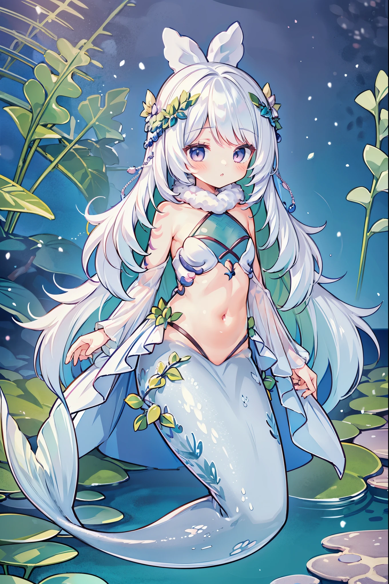 masterpiece, best quality(Complete five fingers),A girl,Mermaid,white hair,白色的Mermaid尾巴,full-body shot,Get posed,Sea view,seabed,charming face(Kawaii, charming,Soft)