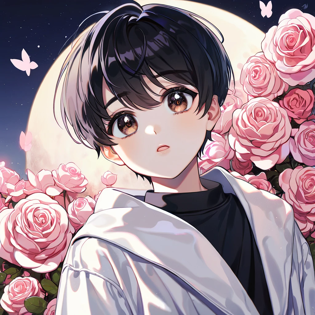 (absurdres, highres, ultra detailed, HDR) master piece, best quality, perfect face, delicate features, Kim Dokja as a little kid, black hair, expressive brown eyes, Omniscient reader's viewpoint, solo, cute, white coat, black shirt, moon, pink butterflies, pink roses, starry sky