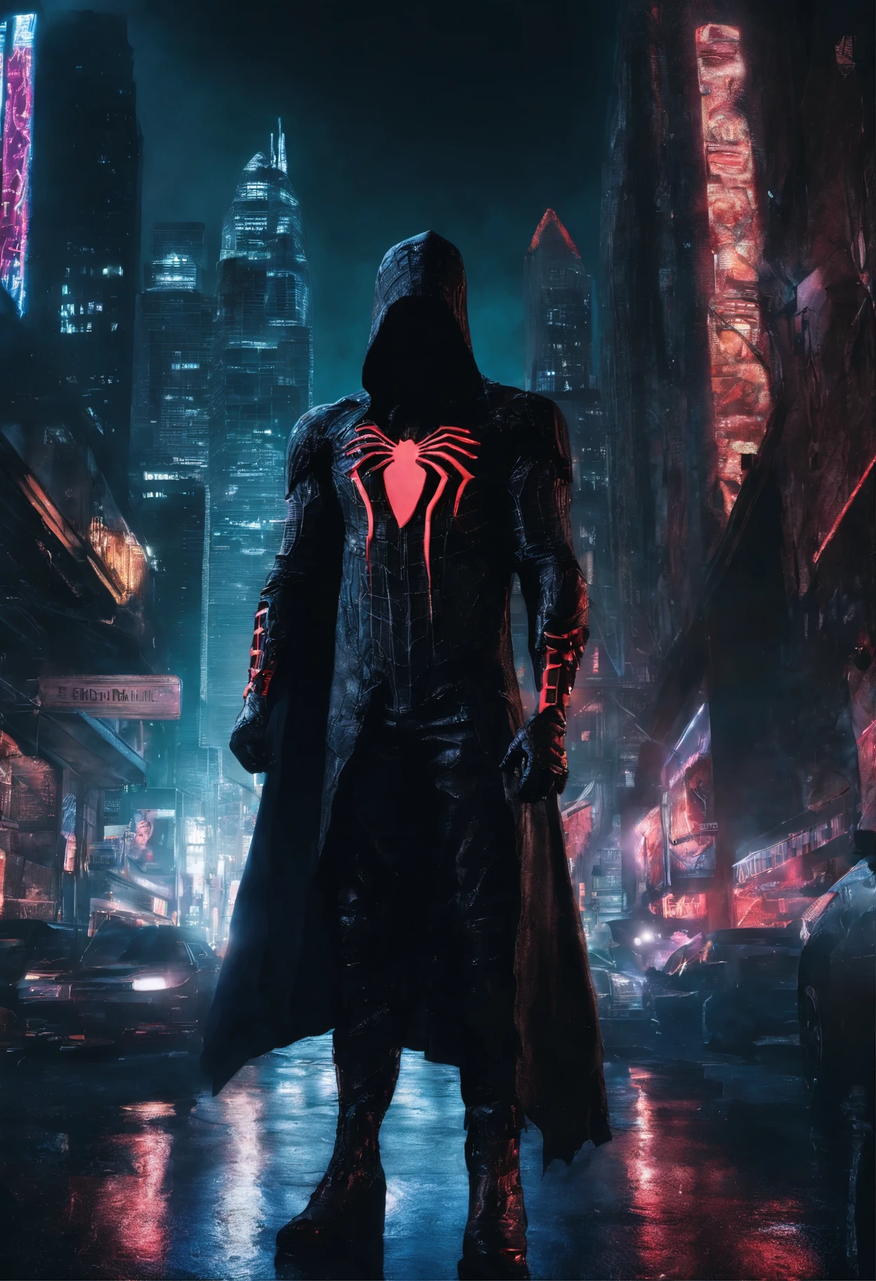(extremely detailed 8k wallpaper), a medium shot photo of cyberpunk scary Grim dressed as cloak Spiderman in an armour made of black leather from marvel, cyberpunk theme, intricate, high detail, dramatic, neon city lights in the background