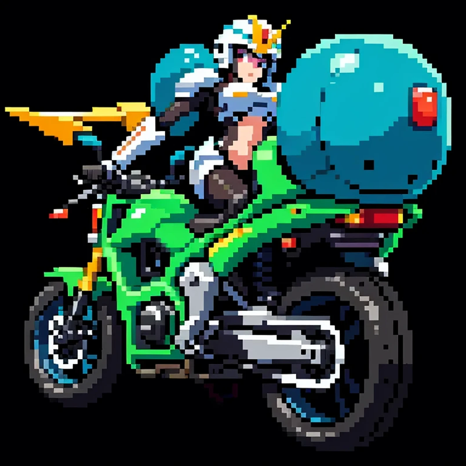 Highest image quality, outstanding details, ultra-high resolution, (realism: 1.4), the best illustration, favor details, highly condensed 1girl, with a delicate and beautiful face, dressed in a black and green mecha, wearing a mecha helmet, holding a directional controller, riding on a motorcycle, the background is a high-tech lighting scene of the future city. surreal illustration, surreal rendering, clean digital rendering, photo realistic rendering, surreal illustration