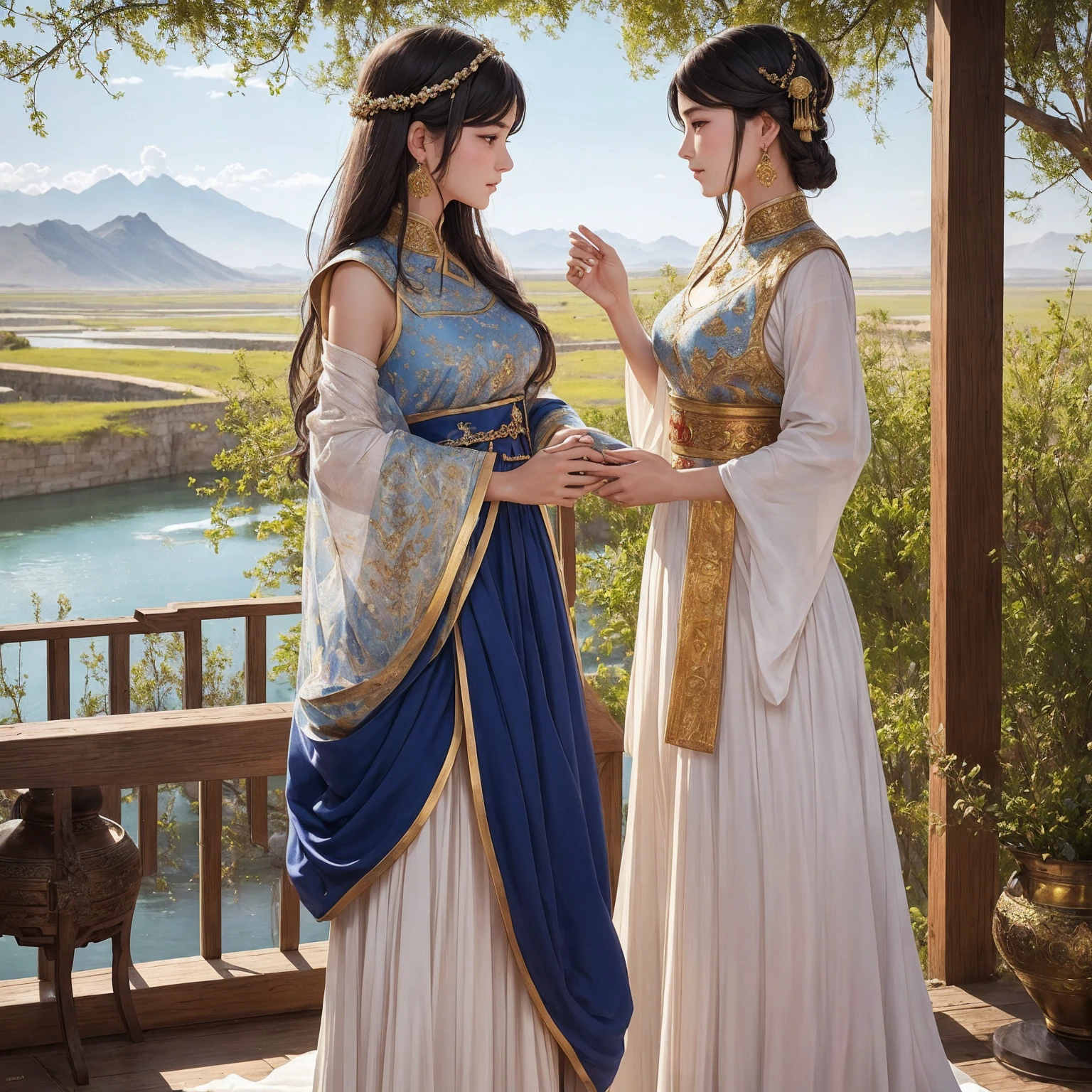 An intimate encounter between a man and a woman unfolds in a heartwarming and enchanting scene.。The stage is、The steppes of medieval Central Asia。The banks of the Ili River sparkling in sunlight。Fantastic and majestic continental scenery。Ethnic、Creates a romantic atmosphere。 They stand facing each other,。their heights are different from each other。 emphasizes their unique physical characteristics。 That man is his height,Has dark hair that frames his striking face。The man is the crown prince of the Turku nomadic empire in the steppes.。The man was wearing an ultramarine costume.、It is decorated with intricate golden embroidery.。Women are ordinary people of the Taklamakan Desert oasis, wearing Uighur national dress.。The woman is delicate and .。Her flowing, light-colored hair shows off her radiant beauty.。Their lips meet in a passionate kiss。 their pure love、Emphasis is placed on transcending class and culture.。 This magical moment captures the essence of their love。Evokes a sense of sweetness and seduction。symbolism、Impressionism、romantic、Persian miniature、The Romance of the Silk Road、Reminiscent of the style of Alma Tadema and Gustave Moreau、delicate、beautiful、It has an exotic, luxurious and profound charm.。digital art。