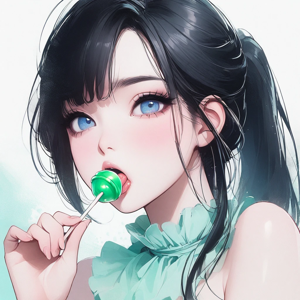 Girl, black hair, blue eyes, beautiful, strapless mint dress, pastel colors, face close-up, flat, ponytail, sucking a green lollipop, lipgloss, brat, lips, tongue 