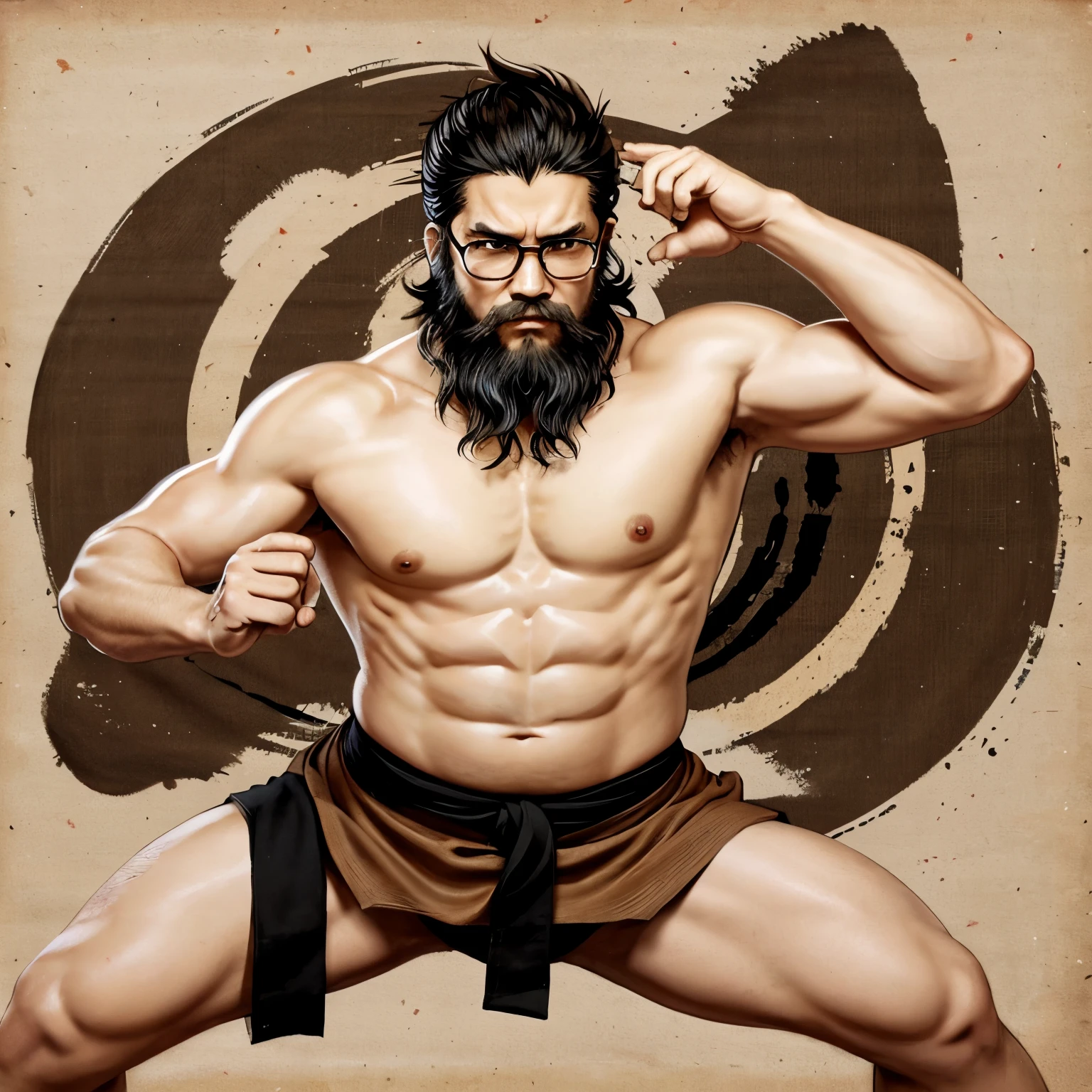 An anime-style illustration resembling Japanese charcoal painting on burlap depicts a man with glasses and a beard in various kung-fu poses. The strokes capture the dynamic movements of martial arts, adding a sense of energy and fluidity to the artwork