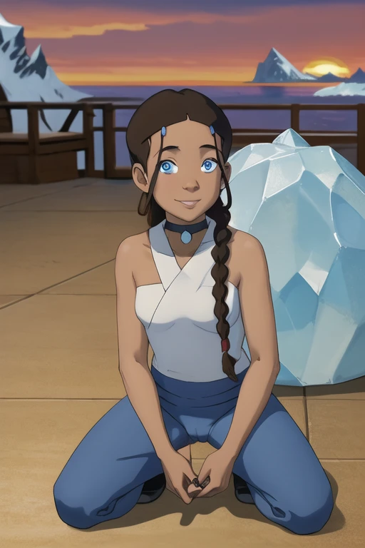 highres, masterpiece, night, adult, perfect skin, female, looking at viewer, full body, (RSEEmma:1.1),brown hair, very long hair,  katara, dark skin, dark-skinned female, blue eyes, braid, choker, jewelry, ice, (antartica:1.2), ocean, smile, spell, magic, (waterbending:1.1), igloo, (blue magic), sunset, nude body, on knees, indoor, small breasts, pussy, sexy, hands on breasts, cold, shy