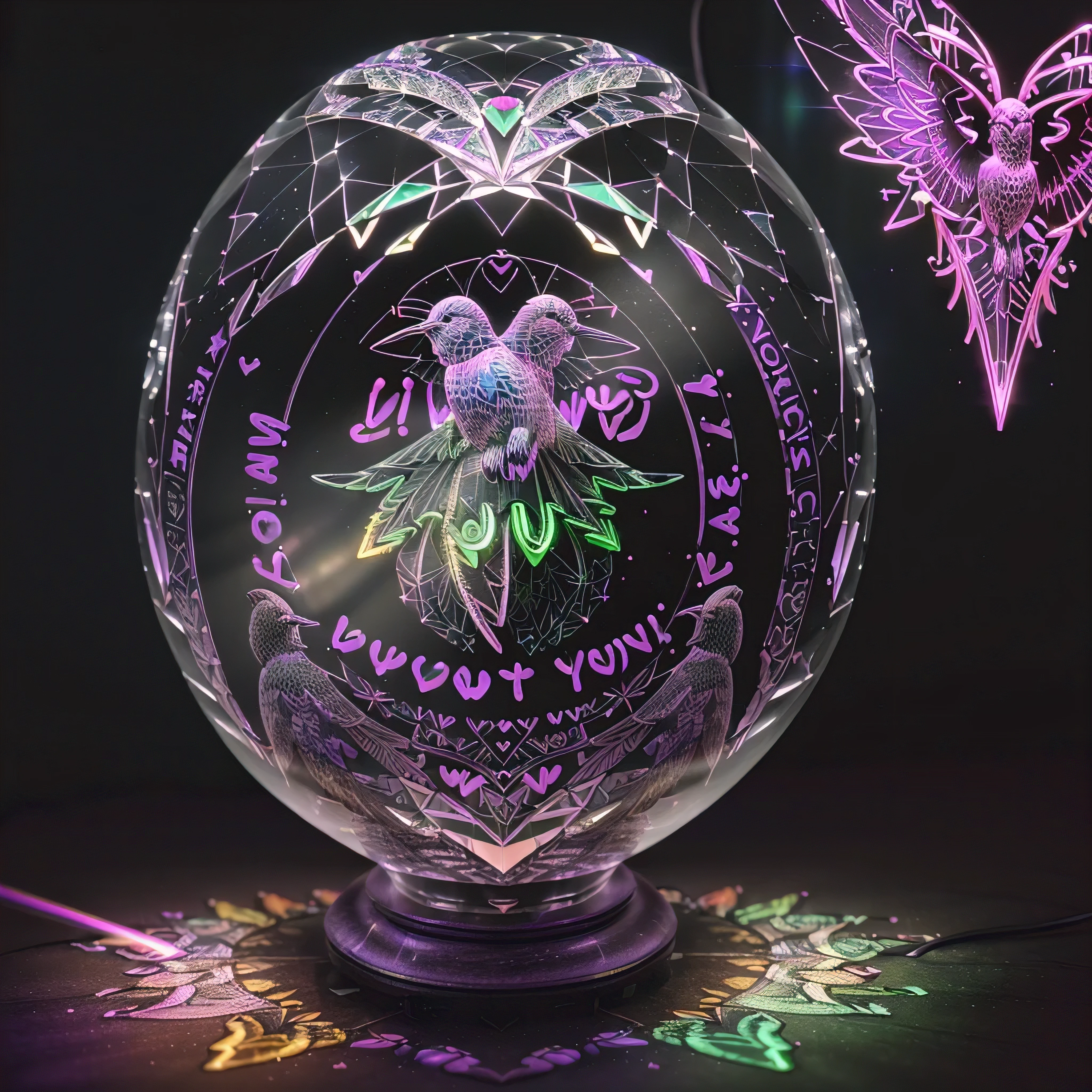 English Text : (("I LOVE YOU")), 3D Laser Engraved hummingbirds, Laser Engraved Crystal Ball, Multicolor Neon Light, Calligraphy text, diamondeffect, mirroring, Purple Glass, glowing aura,unreal engine, photorealistic, high quality, highres, masterpiece, hdr, maxrgb, mosaictiles, limited trim , beautiful.