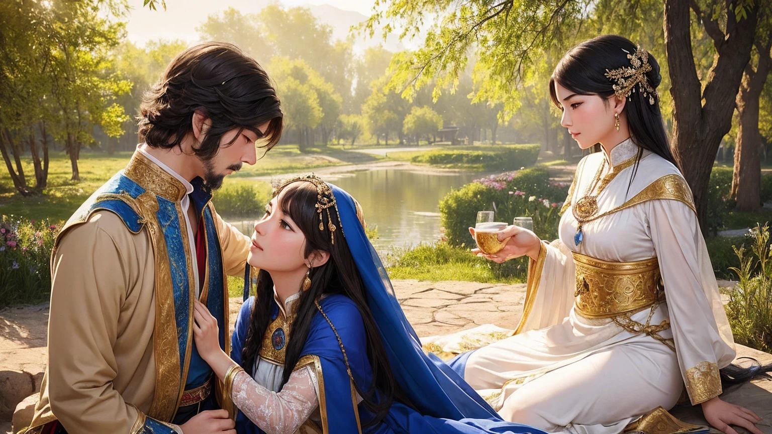 An intimate encounter between a man and a woman unfolds in a heartwarming and enchanting scene.。The stage is、The steppes of medieval Central Asia。The banks of the Ili River sparkling in sunlight。Fantastic and majestic continental scenery。Ethnic、Creates a romantic atmosphere。 They stand facing each other,。their heights are different from each other。 emphasizes their unique physical characteristics。 That man is his height,Has dark hair that frames his striking face。The man is the crown prince of the Turku nomadic empire in the steppes.。The man was wearing an ultramarine costume.、It is decorated with intricate golden embroidery.。Women are ordinary people of the Taklamakan Desert oasis, wearing Uighur national dress.。The woman is delicate and .。Her flowing, light-colored hair shows off her radiant beauty.。Their lips meet in a passionate kiss。 their pure love、Emphasis is placed on transcending class and culture.。 This magical moment captures the essence of their love。Evokes a sense of sweetness and seduction。symbolism、Impressionism、romantic、Persian miniature、The Romance of the Silk Road、Reminiscent of the style of Alma Tadema and Gustave Moreau、delicate、beautiful、It has an exotic, luxurious and profound charm.。digital art。