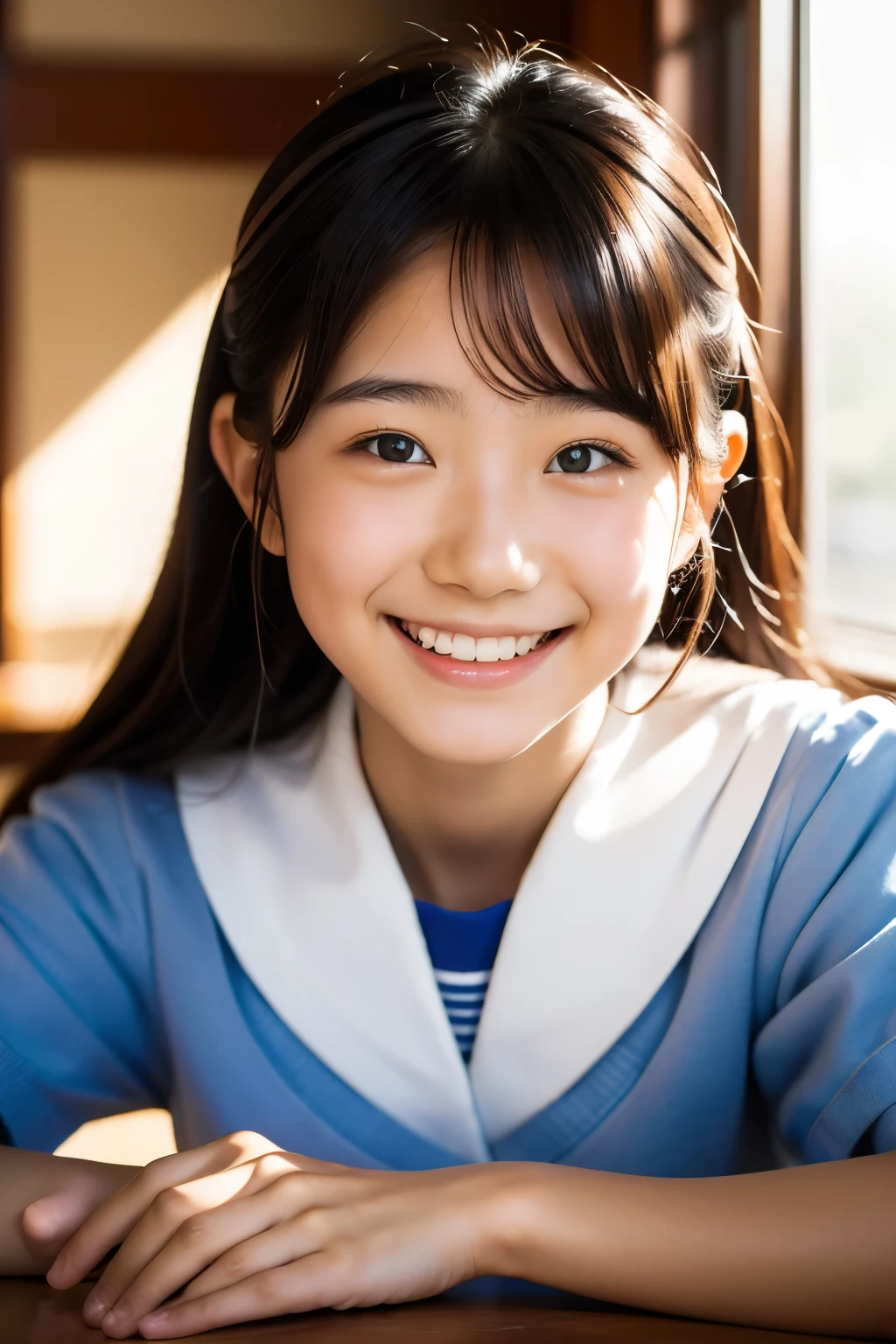 lens: 135mm f1.8, (highest quality),(RAW Photos), (Tabletop:1.1), (Beautiful  Japanese girl), Cute face, (Deeply chiseled face:0.7), (freckles:0.4), dappled sunlight, Dramatic lighting, (Japanese School Uniform), (In the classroom), shy, (Close-up shot:1.2), (smile),, (Sparkling eyes)、(sunlight)