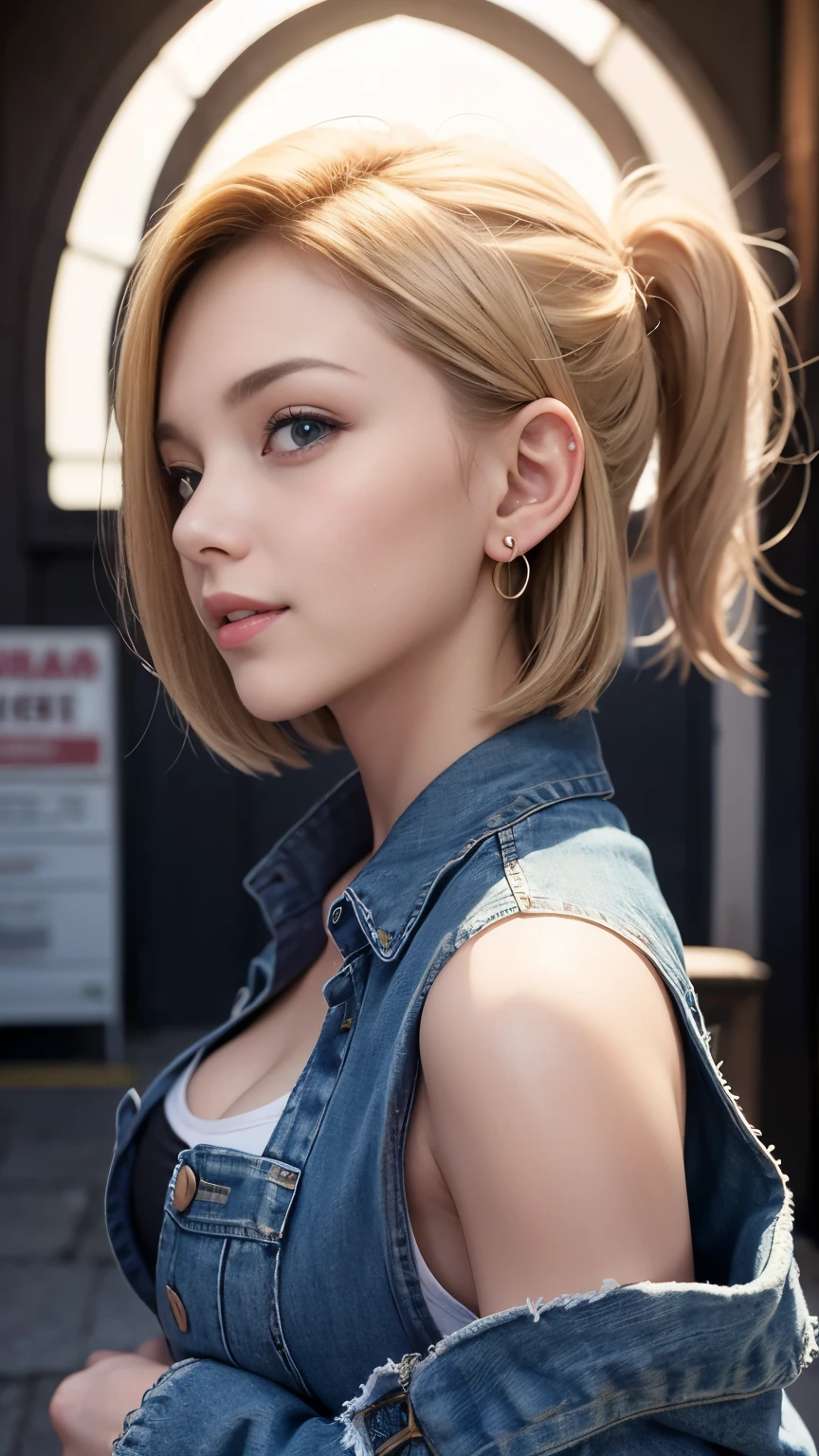 highest quality, High resolution, AND18, 1 girl, android 18, alone, blonde hair, blue eyes, short hair, laughter,earrings, jewelry, denim dress, open vest, white t-shirt,distressed jeans,wearing sunglasses,small breasts, Pose with buttocks sticking out and turning around,street, (external expansion chest: 1.2),best smile:1.5